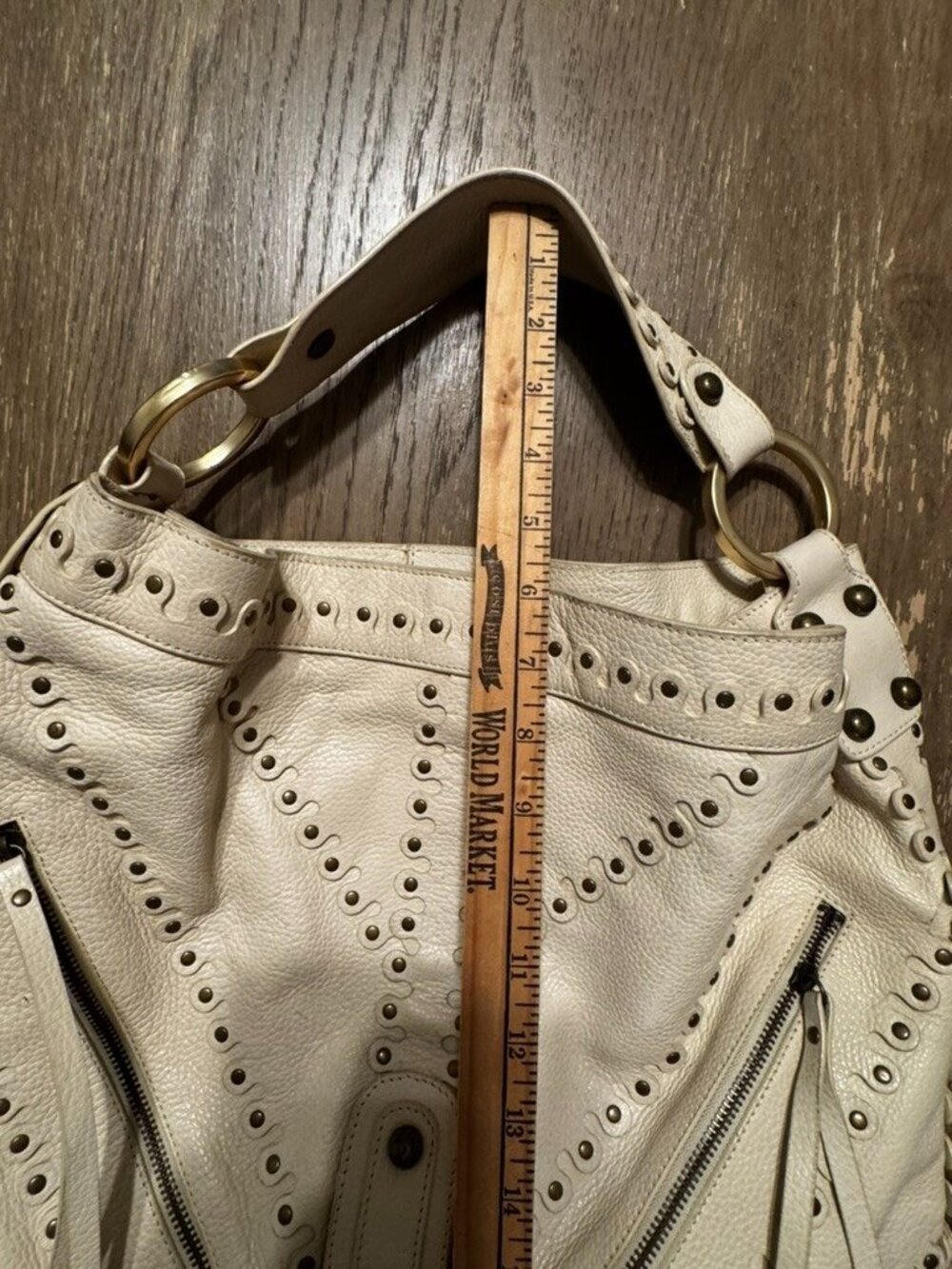 Vtg Besso Cream Italy Studded Leather Shoulder hobo Bag Y2K Western Boho Buckle - Picture 8 of 16